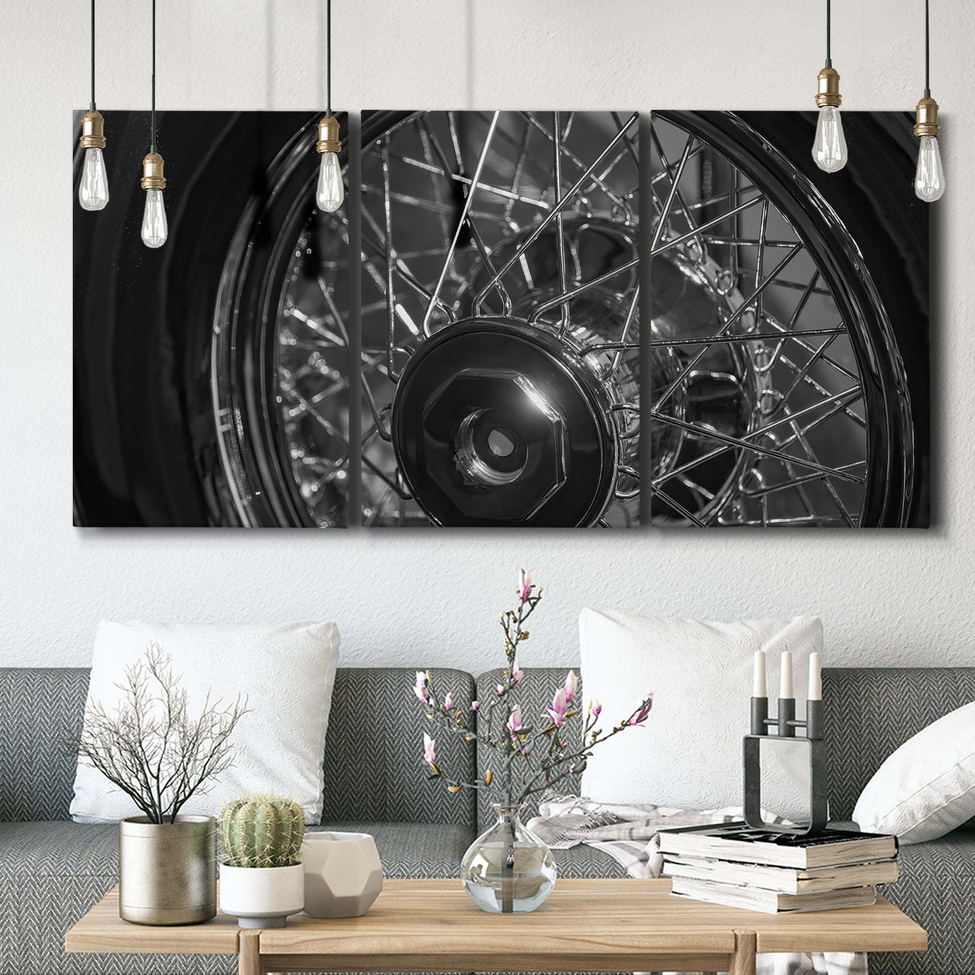 Three-panel canvas wall art featuring vintage car grille detail, displayed in a modern living room above seating.