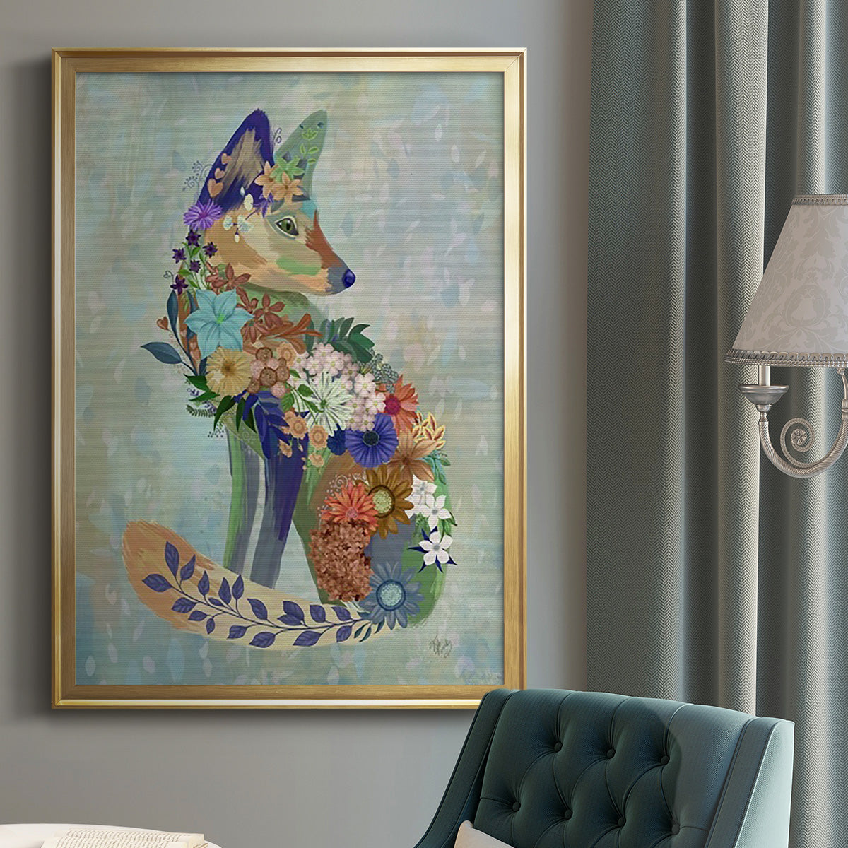 Fantastic Florals Fox, Sitting - Modern Framed Canvas Print