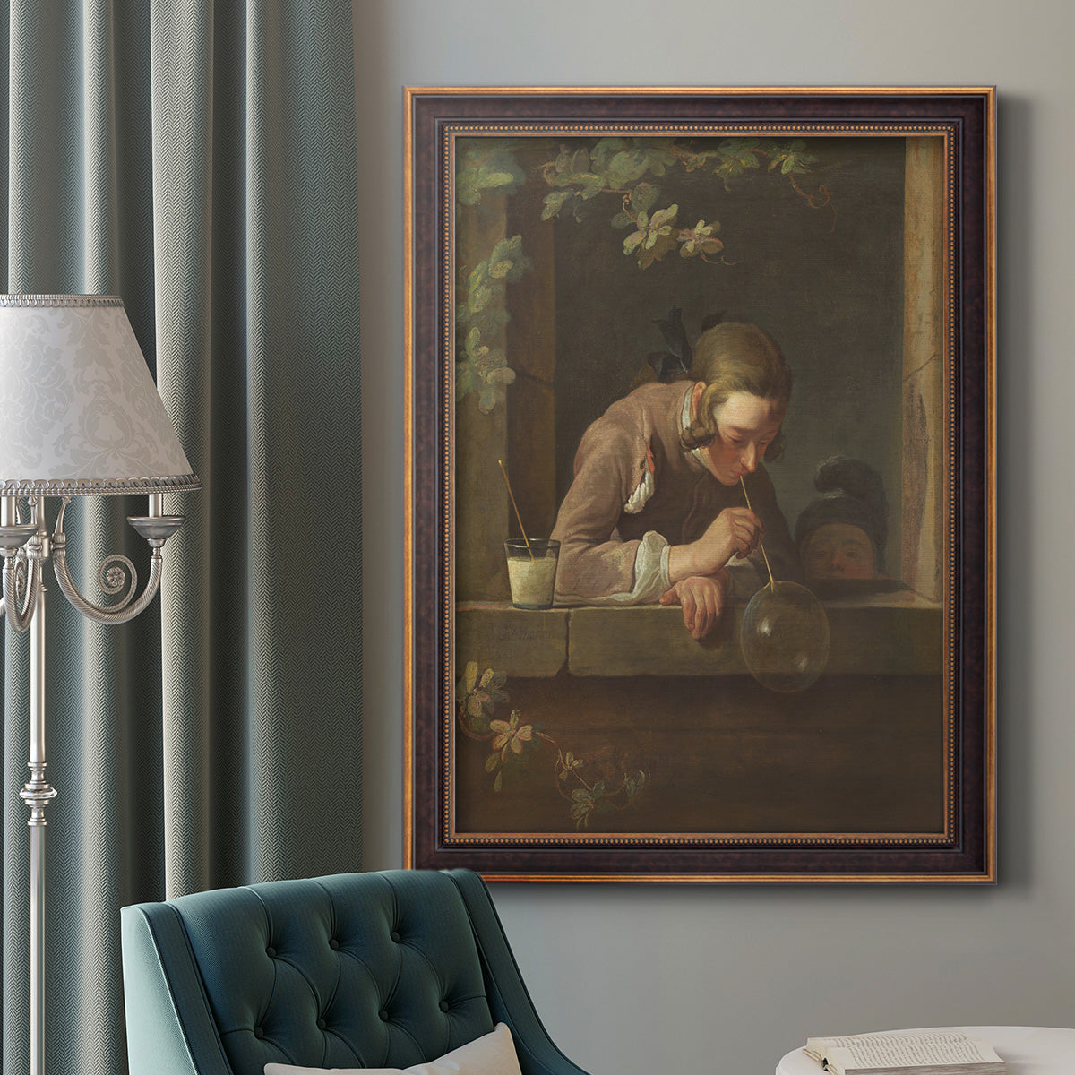 Classical genre painting of a child blowing soap bubbles by Jean-Siméon Chardin in an ornate bronzed mahogany wood frame displayed in a dark-toned interior setting.