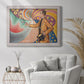 Neo-impressionist abstract portrait by Paul Signac in an ornate weathered white frame displayed in a bright interior setting.