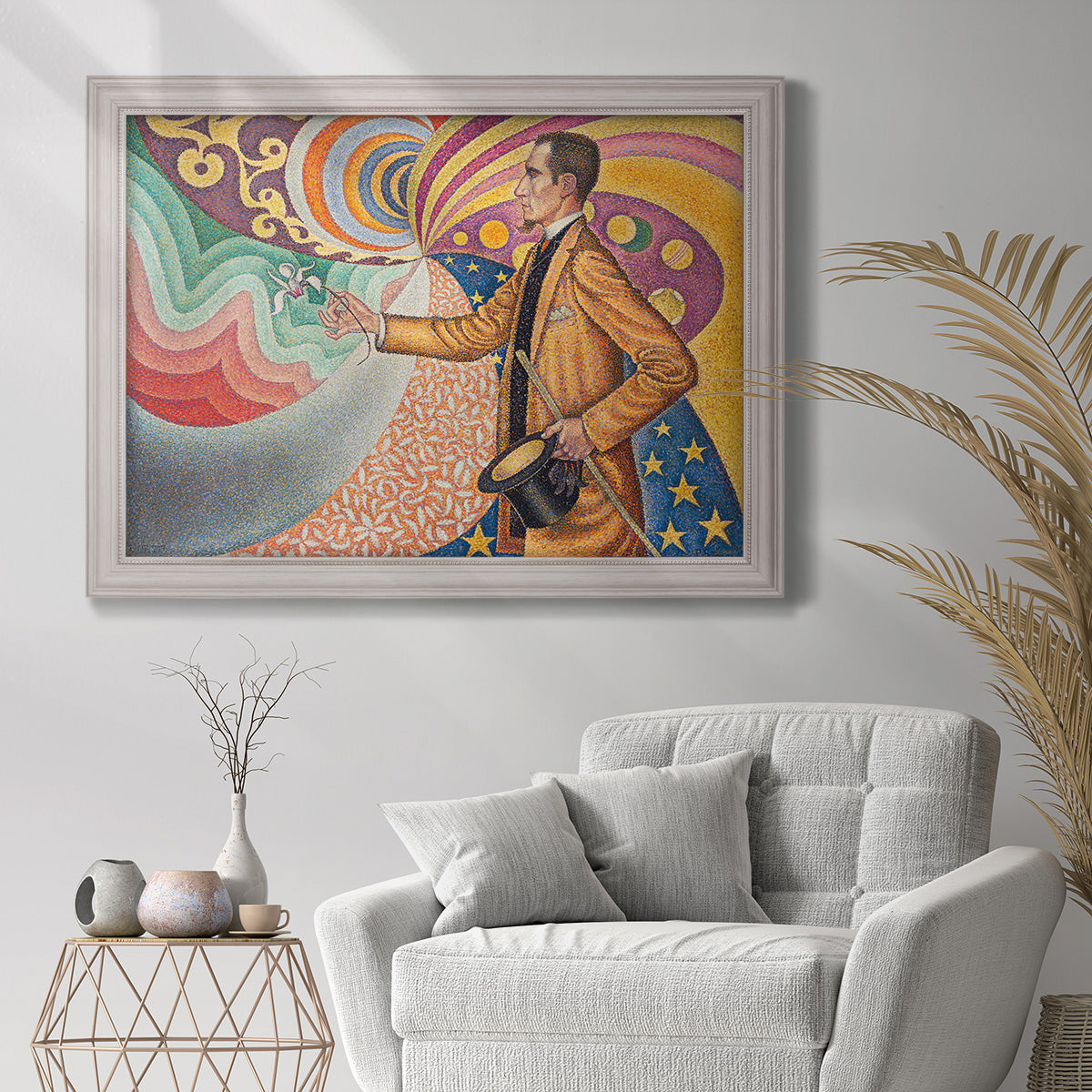 Neo-impressionist abstract portrait by Paul Signac in an ornate weathered white frame displayed in a bright interior setting.