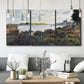 Three-panel canvas wall art featuring river with boats and shoreline, displayed in a modern living room above seating.