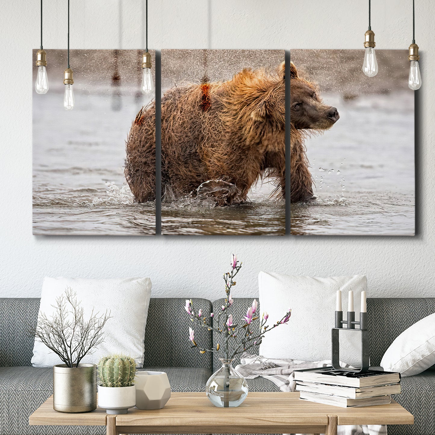 Three-panel canvas wall art featuring wildlife photography animal portrait, displayed in a modern living room above seating.
