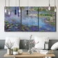 Three-panel canvas wall art featuring water lilies emerging through mist, displayed in a modern living room above seating.