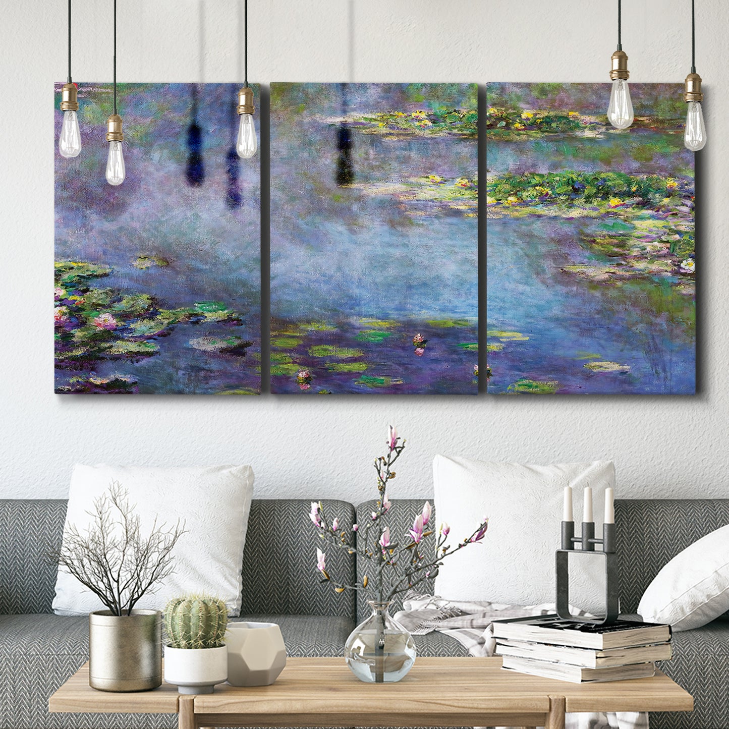 Three-panel canvas wall art featuring water lilies emerging through mist, displayed in a modern living room above seating.