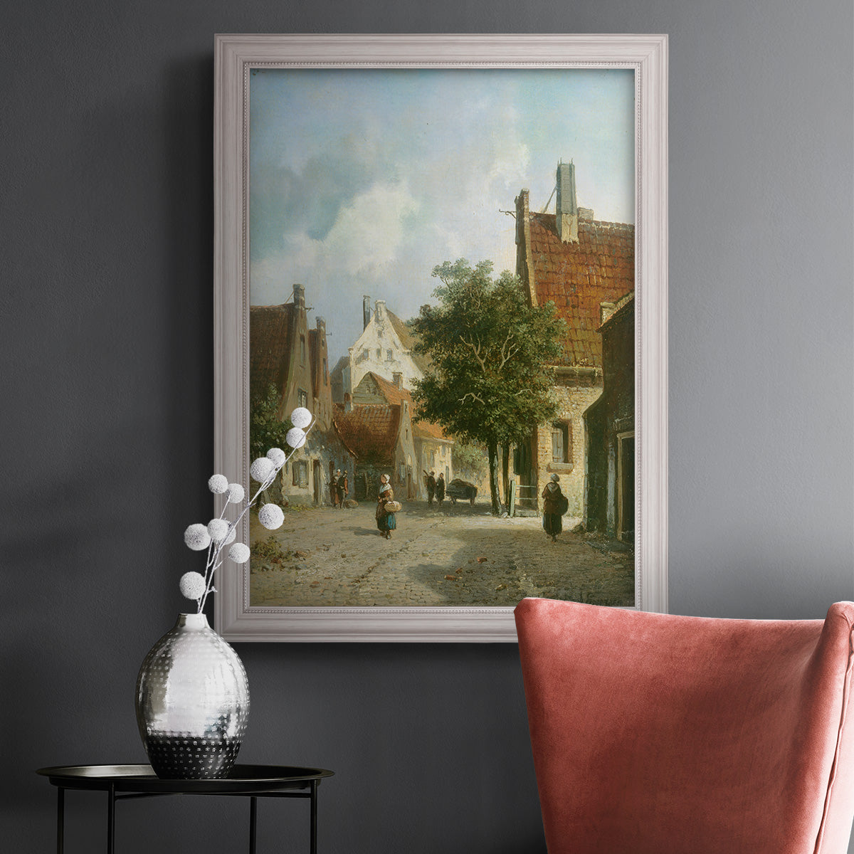Rustic European street scene painting by Adriaan Eversen in an ornate weathered white frame displayed in a dark-toned interior setting.