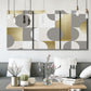 Three-panel canvas wall art featuring geometric gold abstract reflections, displayed in a modern living room above seating.