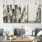 Three-panel canvas wall art featuring abstract harbor inspired composition, displayed in a modern living room above seating.