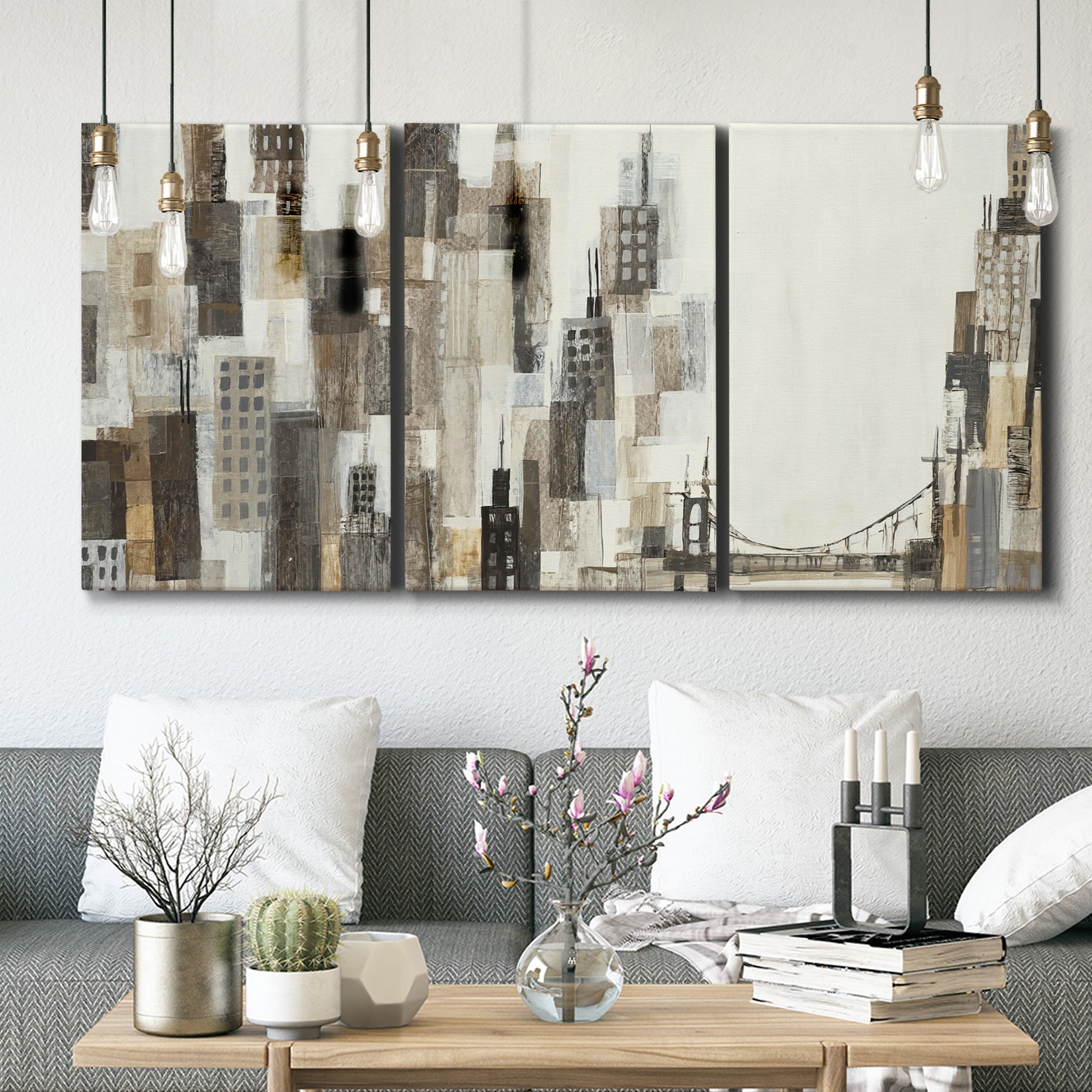 Three-panel canvas wall art featuring abstract harbor inspired composition, displayed in a modern living room above seating.