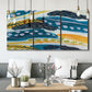 Three-panel canvas wall art featuring feather inspired abstract linear motion, displayed in a modern living room above seating.