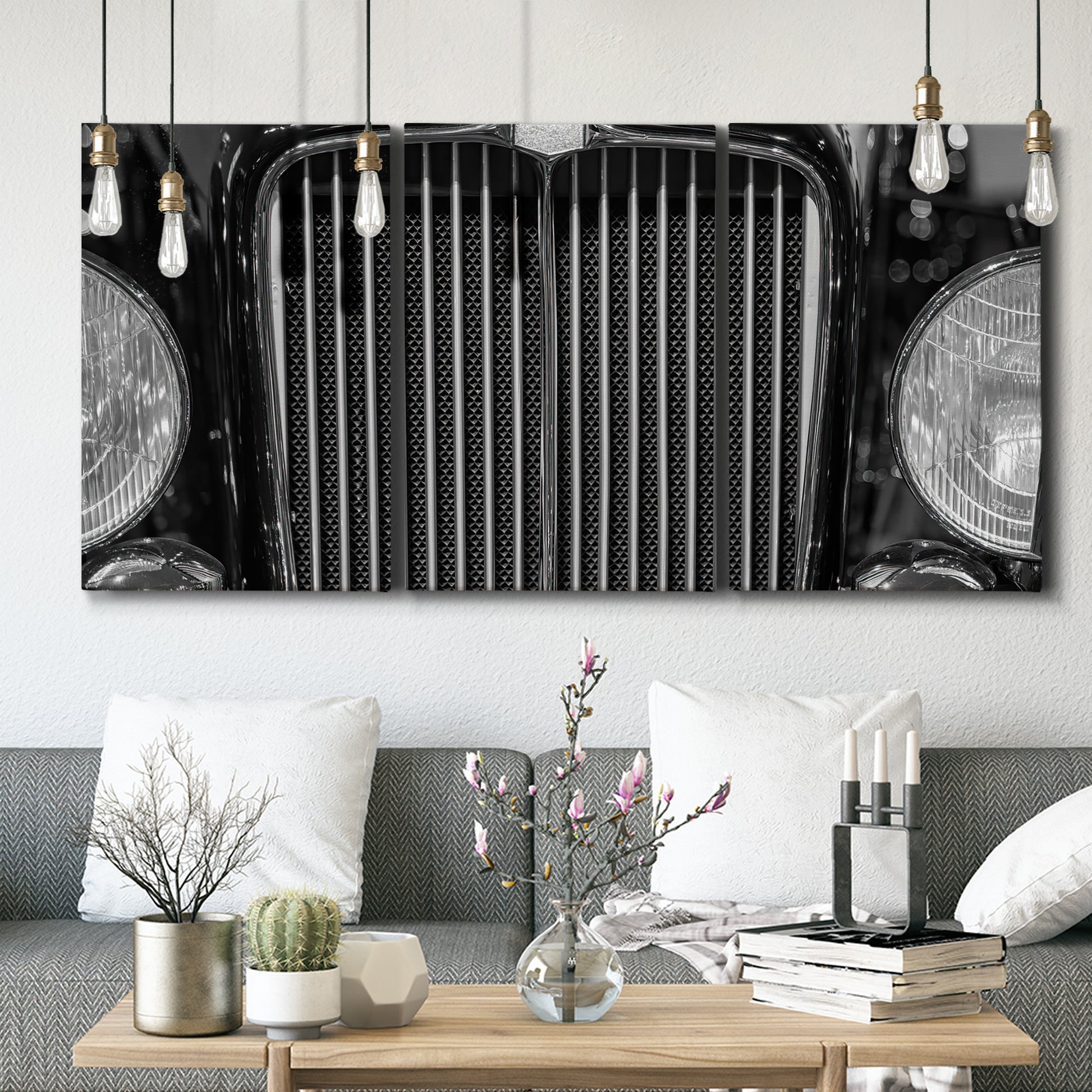 Three-panel canvas wall art featuring vintage car grille detail, displayed in a modern living room above seating.