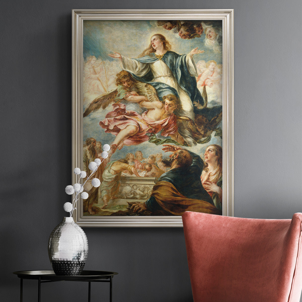 Religious painting of the Assumption of the Virgin Mary by Juan de Valdés Leal in an ornate champagne frame displayed in a dark-toned interior setting.