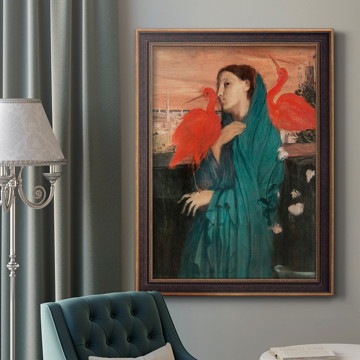 Impressionist portrait of a young woman with an ibis by Edgar Degas in an ornate bronzed mahogany wood frame displayed in a dark-toned interior setting.