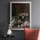 Early impressionist floral painting by Claude Monet in an ornate weathered white frame displayed in a dark-toned interior setting.