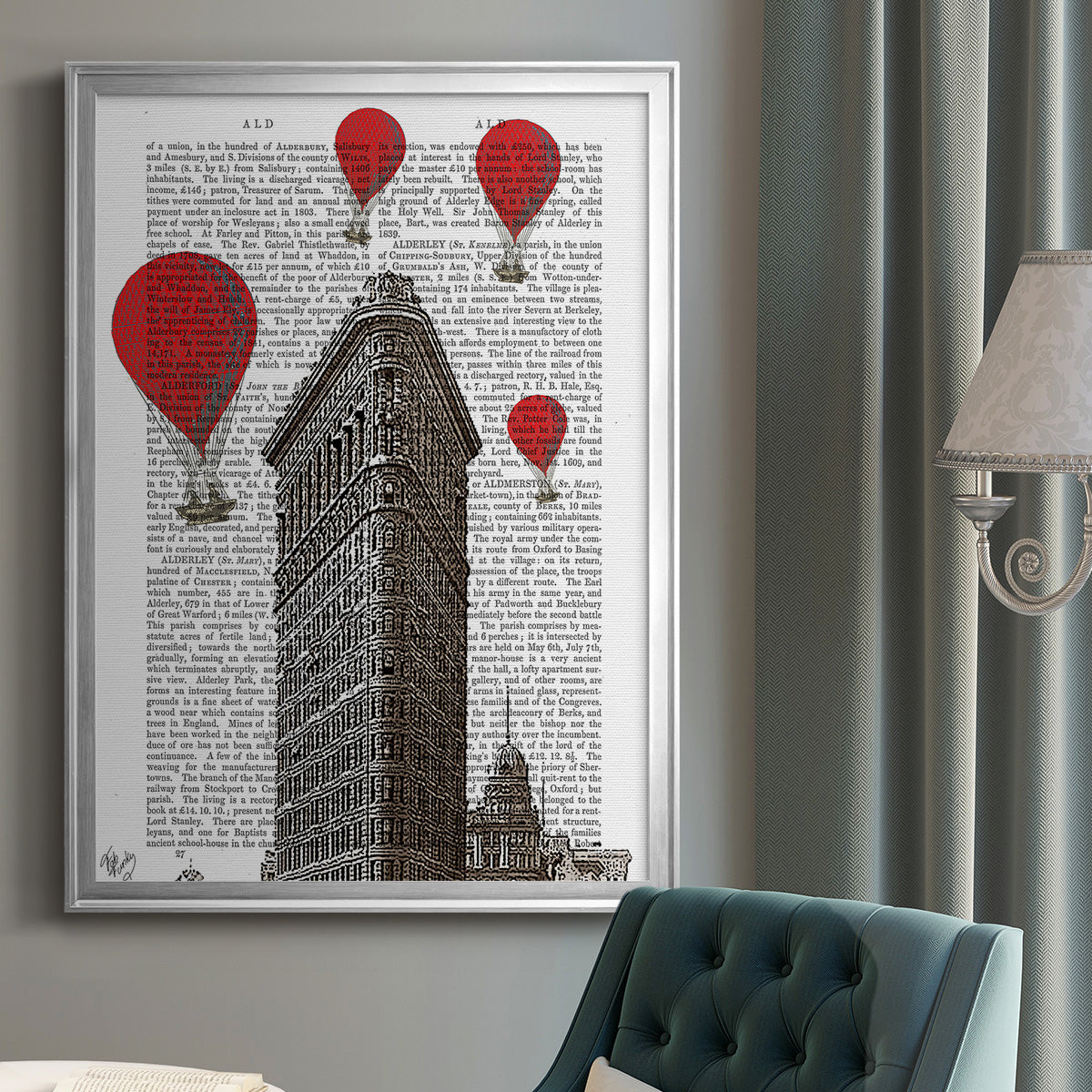 Flat Iron Building and Red Hot Air Balloons - Modern Framed Canvas Print