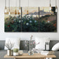 Three-panel canvas wall art featuring formal garden near museum grounds, displayed in a modern living room above seating.
