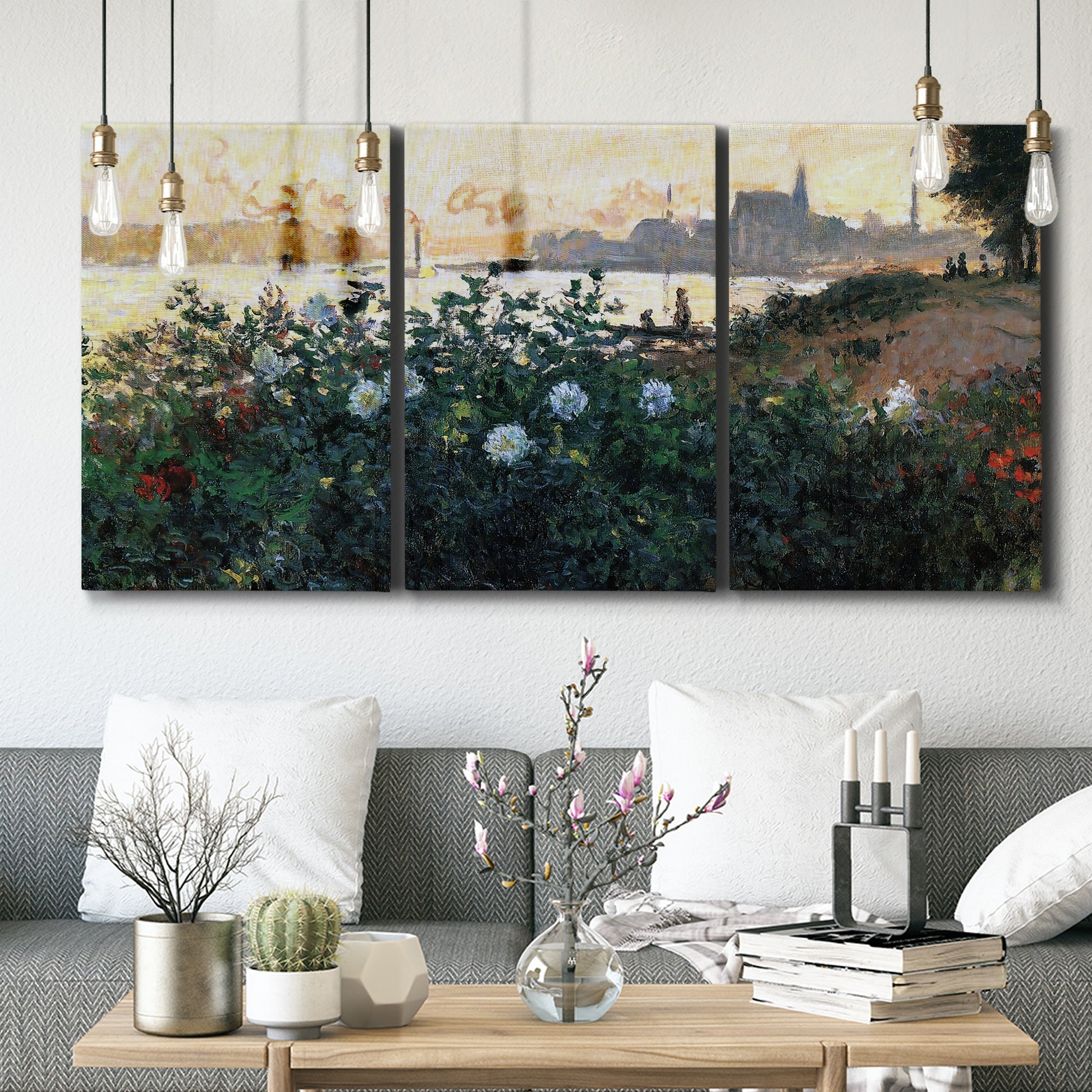 Three-panel canvas wall art featuring formal garden near museum grounds, displayed in a modern living room above seating.