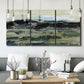 Three-panel canvas wall art featuring muted abstract landscape study, displayed in a modern living room above seating.
