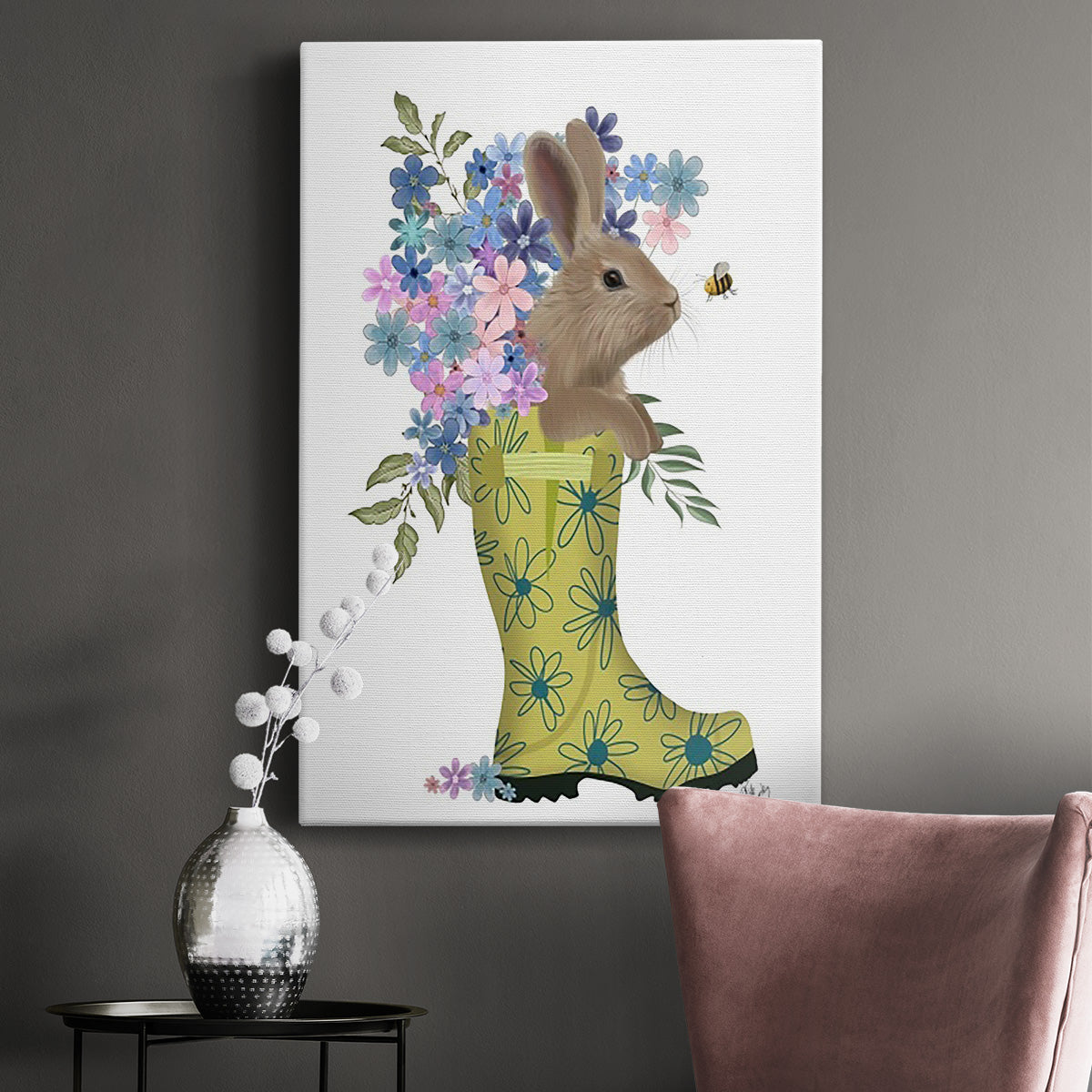 Welly Bunny And Bee Premium Gallery Wrapped Canvas - Ready to Hang