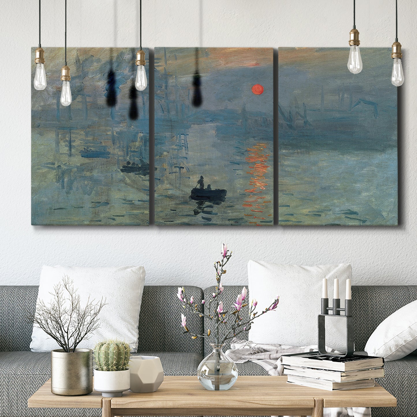 Three-panel canvas wall art featuring misty harbor sunrise with boats, displayed in a modern living room above seating.