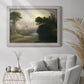 Romantic autumn landscape along the Hudson River by Thomas Doughty in an ornate weathered white frame displayed in a bright interior setting.