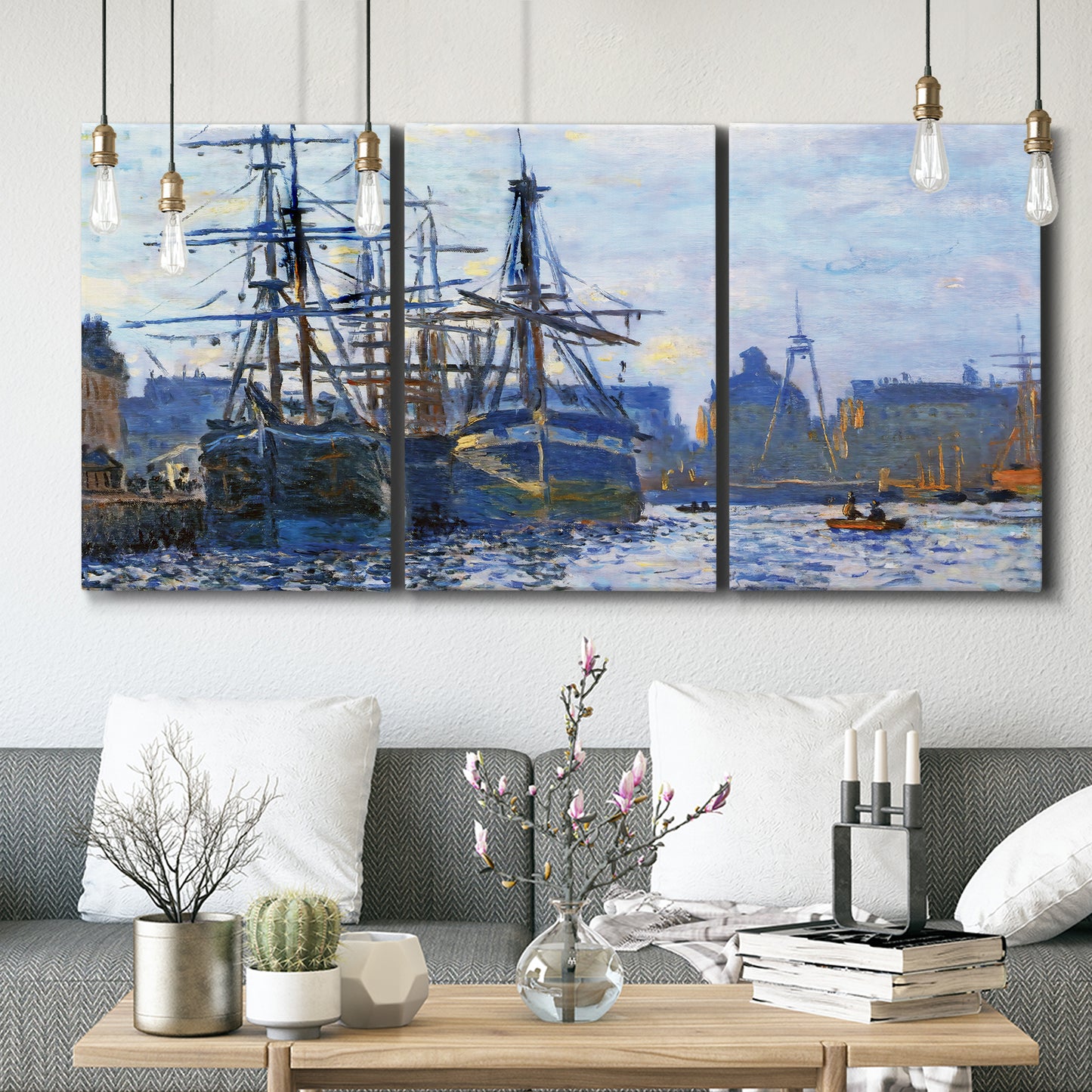 Three-panel canvas wall art featuring industrial dock along harbor, displayed in a modern living room above seating.