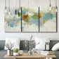 Three-panel canvas wall art featuring abstract suggestion of discovery, displayed in a modern living room above seating.