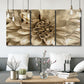 Three-panel canvas wall art featuring monochrome floral linework composition, displayed in a modern living room above seating.
