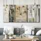 Three-panel canvas wall art featuring abstract willow inspired vertical forms, displayed in a modern living room above seating.