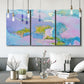 Three-panel canvas wall art featuring abstract view through window forms, displayed in a modern living room above seating.
