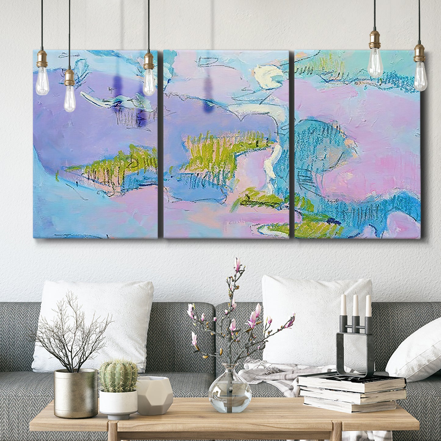 Three-panel canvas wall art featuring abstract view through window forms, displayed in a modern living room above seating.