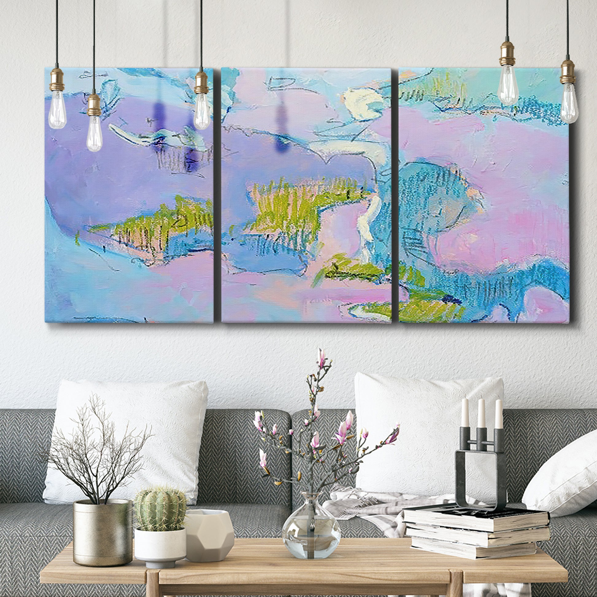 Three-panel canvas wall art featuring abstract view through window forms, displayed in a modern living room above seating.