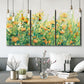 Three-panel canvas wall art featuring colorful garden flowers in bloom, displayed in a modern living room above seating.
