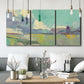Three-panel canvas wall art featuring road stretching through open countryside, displayed in a modern living room above seating.