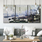 Three-panel canvas wall art featuring working harbor with docked boats, displayed in a modern living room above seating.