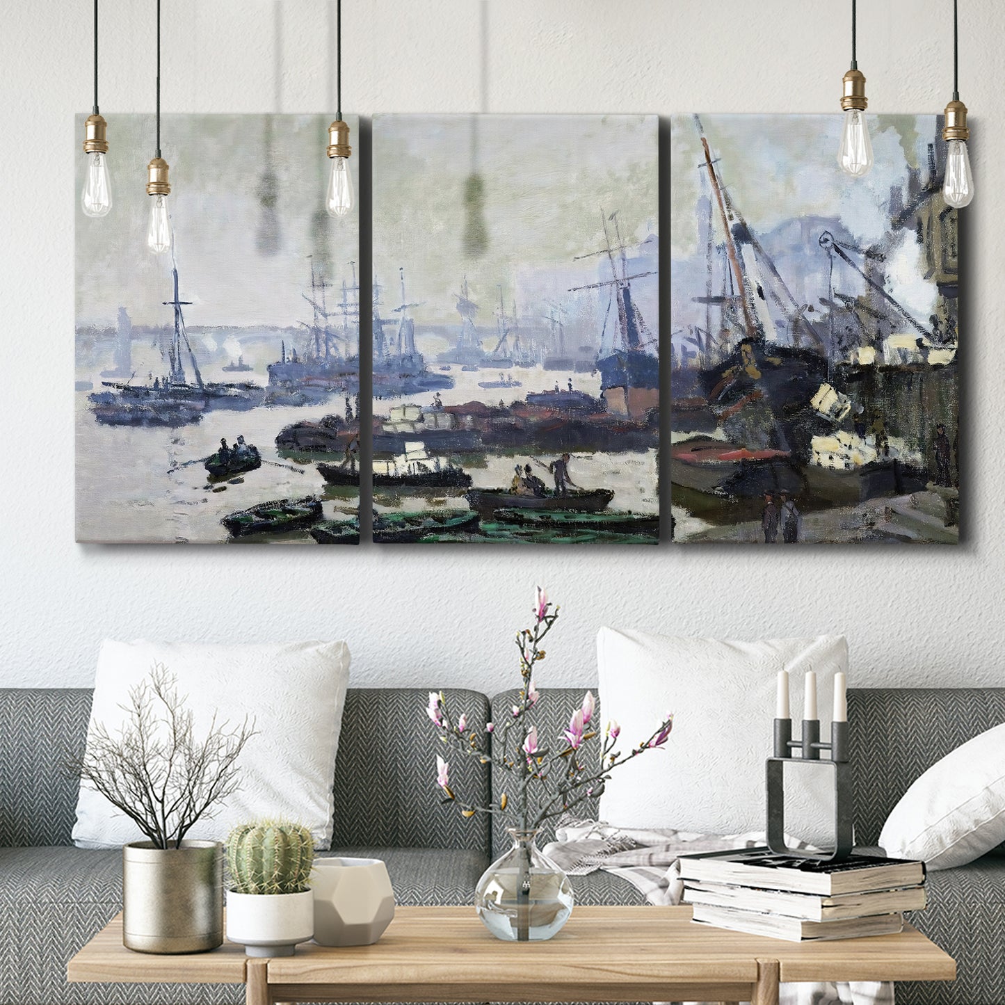 Three-panel canvas wall art featuring working harbor with docked boats, displayed in a modern living room above seating.