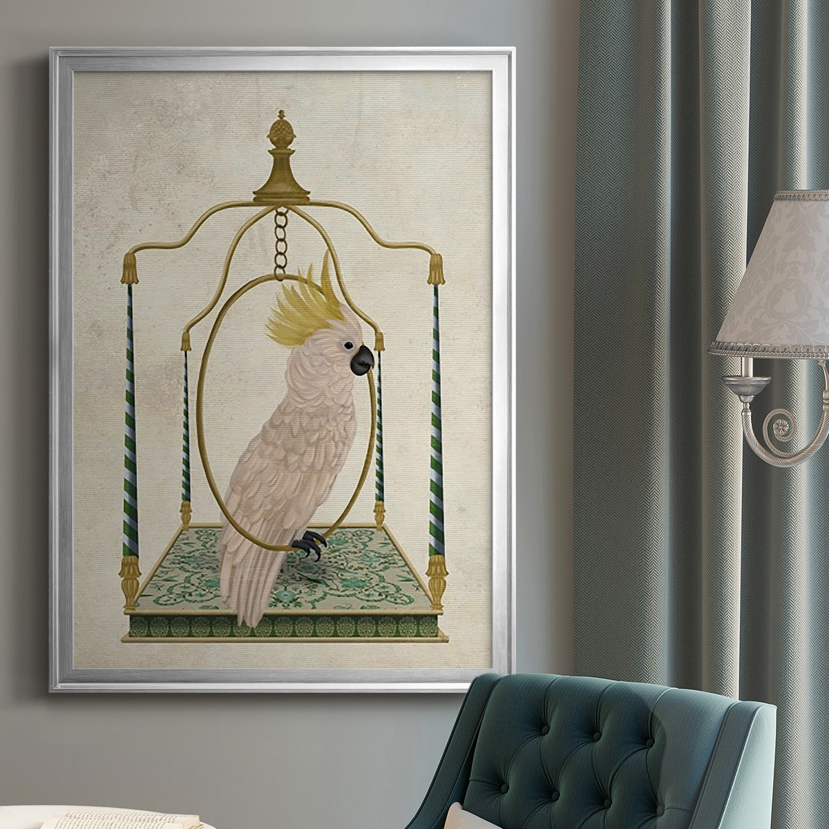 White Cockatoo on Swing - Modern Framed Canvas Print