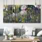Three-panel canvas wall art featuring woman walking with parasol, displayed in a modern living room above seating.