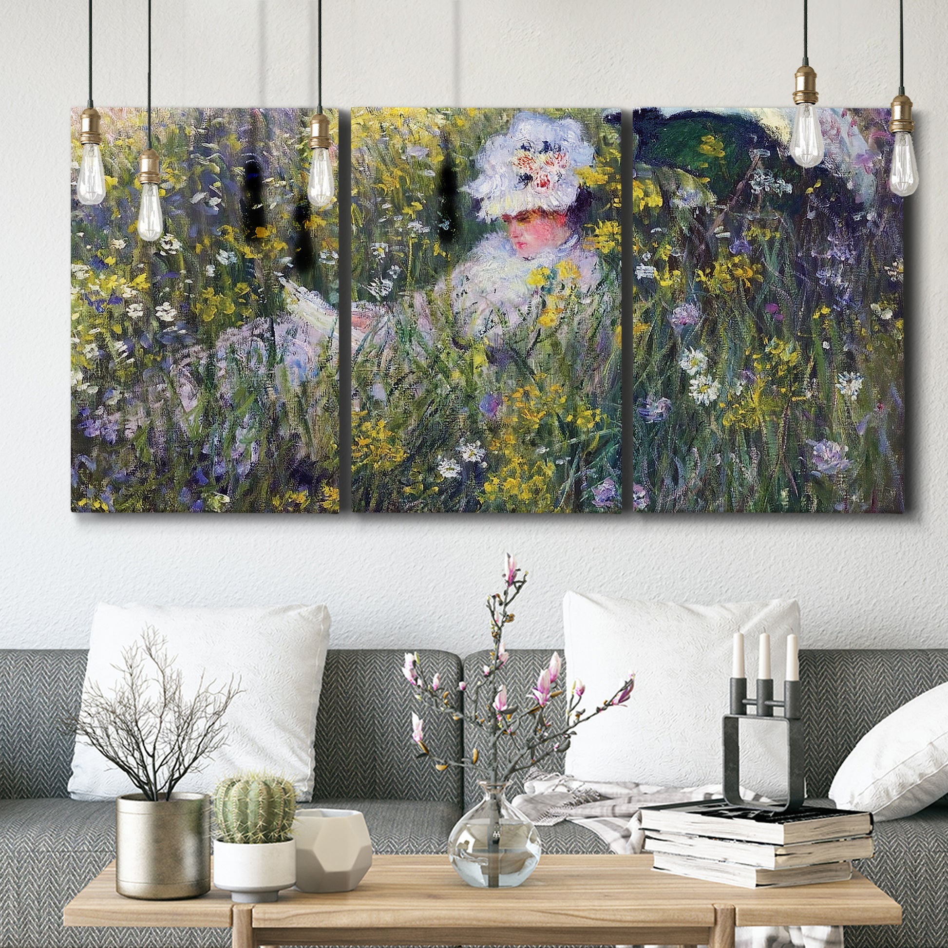 Three-panel canvas wall art featuring woman walking with parasol, displayed in a modern living room above seating.