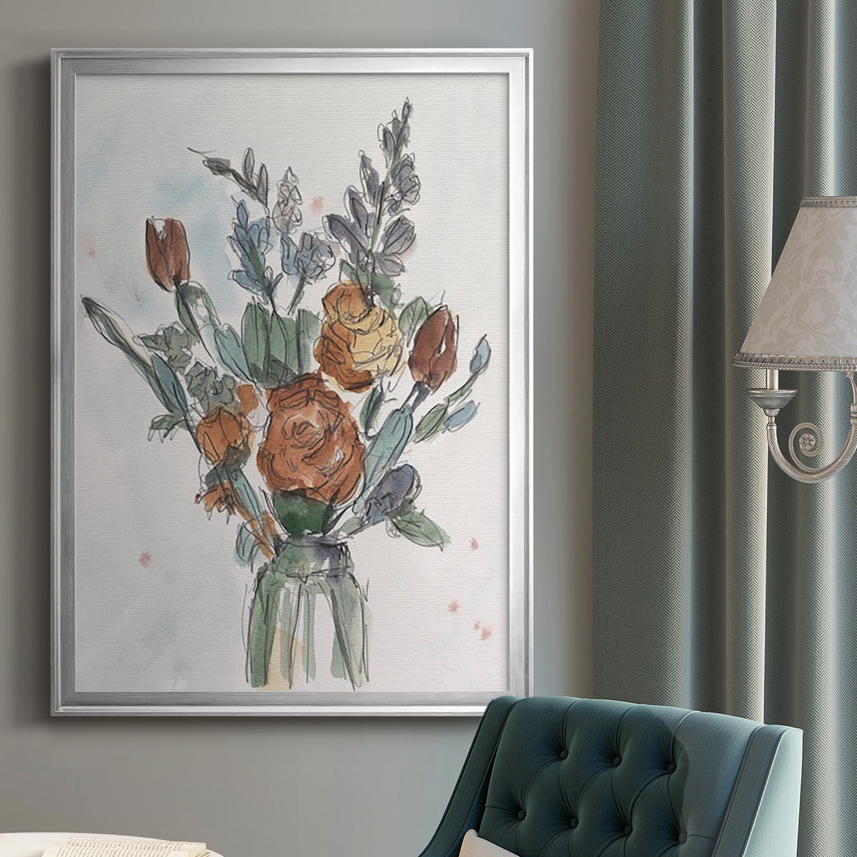 Watercolor Floral Arrangement II - Modern Framed Canvas Print