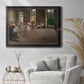 Early impressionist ballet rehearsal painting by Edgar Degas in an ornate black frame with gilded inner detail displayed in a bright interior setting.