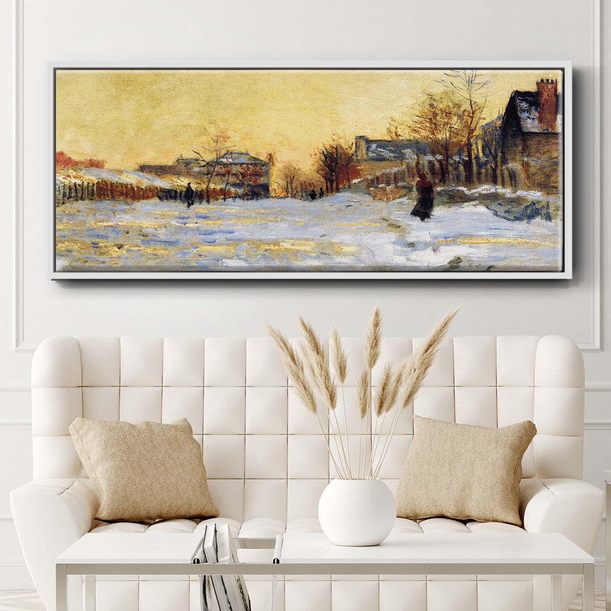 Snow Effect, The Street in Argentuil, 1875 - Floater Framed Canvas Print
