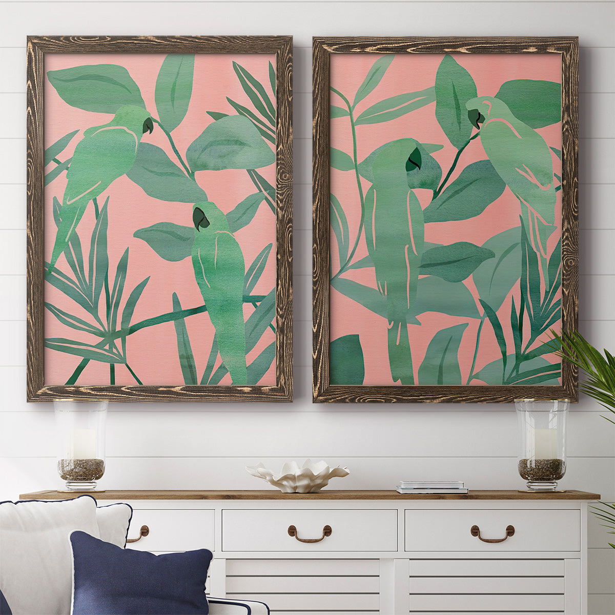 Pink and Green Birds of Paradise I - Premium Framed Canvas 2 Piece Set - Ready to Hang