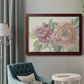 Modern peony floral drawing in an ornate cherry burl wood frame displayed in a neutral interior setting.