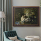 Groundbreaking impressionist picnic scene by Édouard Manet in an ornate bronzed mahogany wood frame displayed in a neutral interior setting.