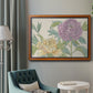 Contemporary peony flower illustration in an ornate vintage burl wood frame displayed in a neutral interior setting.