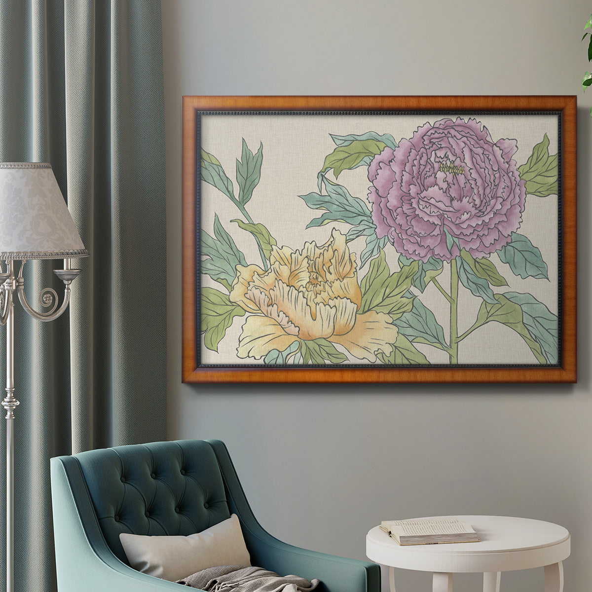 Contemporary peony flower illustration in an ornate vintage burl wood frame displayed in a neutral interior setting.