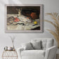 Impressionist still life painting of fish by Édouard Manet in an ornate weathered white frame displayed in a bright interior setting.