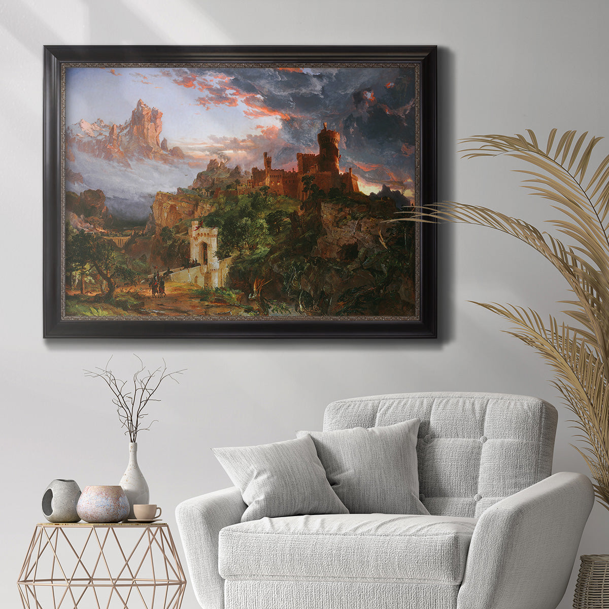 Romantic allegorical landscape painting by Jasper Francis Cropsey in an ornate black frame with gilded inner detail displayed in a bright interior setting.