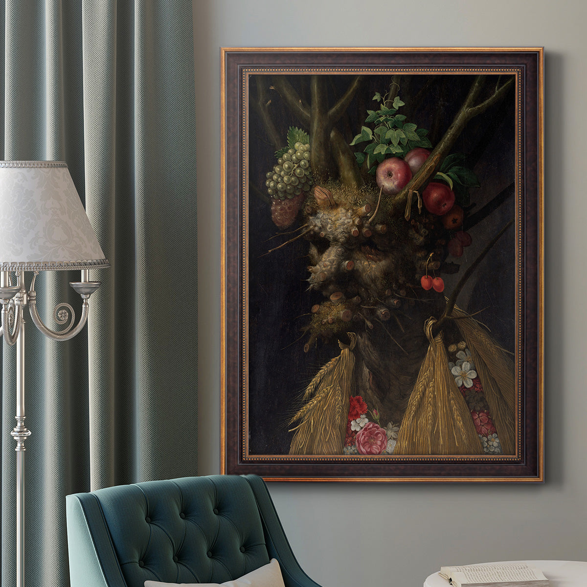 Surreal allegorical portrait representing the four seasons by Giuseppe Arcimboldo in an ornate bronzed mahogany wood frame displayed in a dark-toned interior setting.